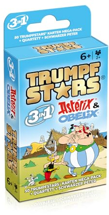 Gomazing TRUMPFSTARS Astérix & Obélix Jeu de cartes 3 en 1 – Trumpf Quartet Pierre Noire – 50 cartes Mega Pack – Jeu de cartes Astérix à partir de 6 ans – Pour 2 joueurs ou plus – Emballage sans
