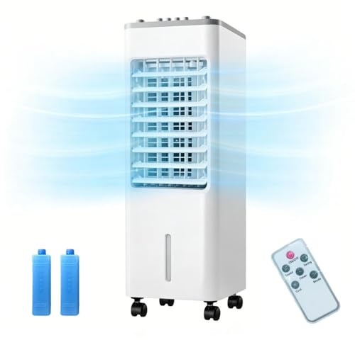 Climatizador Evaporativo portátil Bajo Consumo,Enfriador de Aire 4 en 1, Depósito 6L/12L Humidificador Iones Negativos Control Remoto Temporizador 7.5 h, 3 Modos 3 Velocidades(6L white)