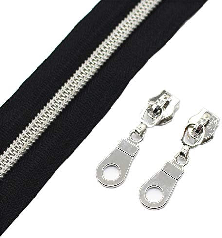 YaHoGa 9 m silberfarben endlos Reißverschluss Meterware Schwarze Reissverschluss 6mm-Spirale + 25 Nonlock-Zipper (Silberfarben Schwarze)