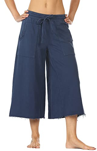 icyzone Women's Culottes Capri Pants Wide Leg Casual Cropped Lounge Pants (L, Navy)