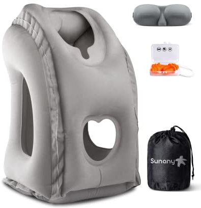 Sunany Travel Pillow, Inflatable Neck Pillow Used for Airplanes/Cars/Buses/Trains/Office Napping with Eye Mask/Earplugs (Gray)