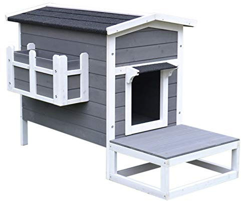 PawHut Cuccia da Esterno Rialzata con Balconcino e Tetto Impermeabile in Legno, Grigio, 83x66.5x74.7cm