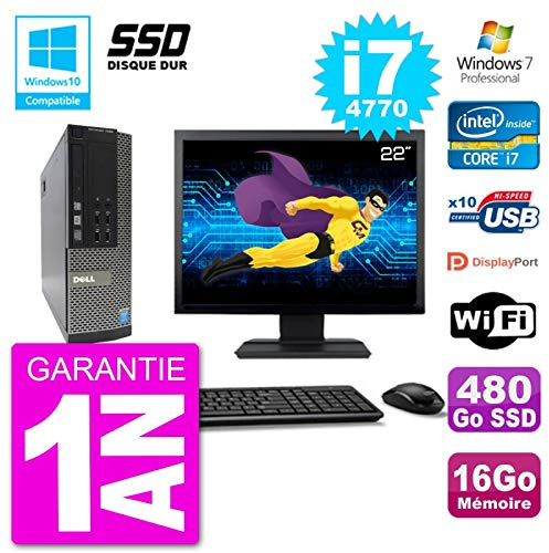 PC Dell 7020 SFF Ecran 22 Intel i7-4770 RAM 16Go SSD 480Go Graveur DVD WiFi W7 (Reconditionné)