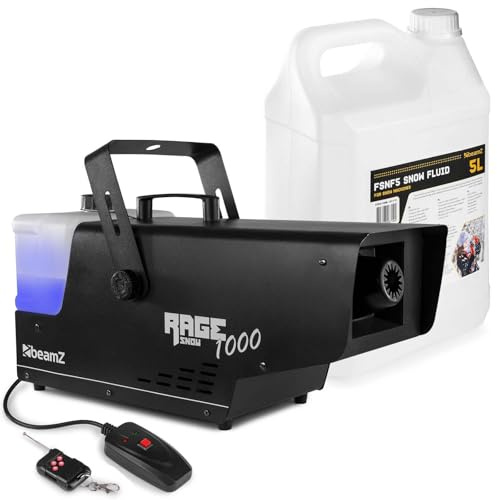 BeamZ RAGE1000SNOW Schneemaschine mit 5 Liter Flüssigkeit, Weihnachtsmarkt | Mini Schneekanone für Garten, 1000 Watt mit Fernbedienung, Hochzeit, Schaummaschine, Kunstschnee, Schneefluid