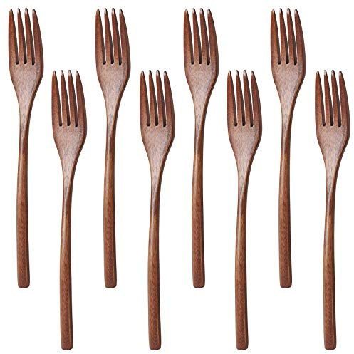 findTop Lot de 8 fourchettes en bois réutilisables avec manche de 22,9 cm de long - Style japonais - Ustensiles de cuisine faits à la main - Pour pâtes, fruits, salades, nouilles