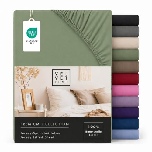 VelvetHome Spannbettlaken 200x200 cm 100% gekämmte Baumwolle, Jersey Spannbetttuch für Matratzen bis 25 cm Höhe, Oeko-Tex Zertifiziert, bügelfrei, elastisch, atmungsaktiv, weich, Grün
