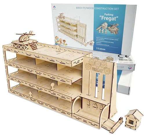 Umweltfreundliches Auto Parkgarage Fregat von WOODPY auf 4 Etagen, Hubschrauber, Aufzug, Verkehrsschilder, Sicherheitsposten, Idee DIY, aus Holz für Kinder ab 5 Jahren, kann bemalt werden, 112 Teile