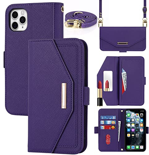 CAVOR Handykette Handyhülle kompatibel mit iPhone 11 Pro Hülle Mit Band,Flip Leder Geldbörse Handyhülle,[Spiegel][5 Kartenfach][Magnetisch],Klapphülle Handytasche zum umhängen - Lila