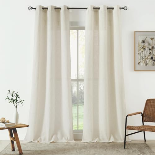 Ronaldecor Natural Linen Blended Curtains for Living Room Bedroom, Linen Textured Semi Sheer Boho Curtain Panels, Light Filtering Grommet Top Window Treatments Set,2 Panels 40 x 54 Inches