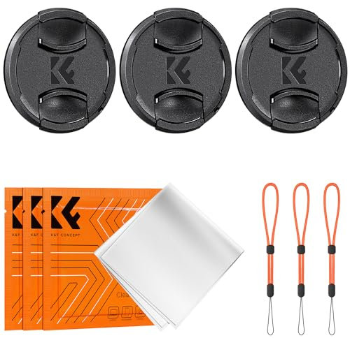 K&F Concept 67mm Lens Cap 3 Pack Snap-on Front Camera Lens Cover + Elastic Lens Cap Keeper + 3 Cleaning Cloth compatible with Canon Sony