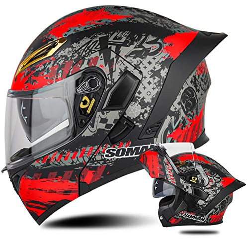 Motorrad Modularer Sturzhelm Klapphelm Full Face Motorradhelm mit ECE Zertifiziert Damen Herren Integralhelme Motorrad Integrierter Roller-Helm Mofa Helm Moped-Helm, Schwarz Rot-L(59~60cm)