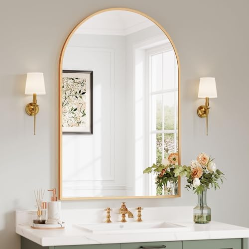 Dripex Arched Wall Mirror 60 x 90 cm Gold Aluminium Alloy Frame | Tempered Glass, Pre-Fitted Hooks & Fixing Kit, Wall Mount or Lean, Ideal for Bathroom, Living Room, Bedroom & Hallway