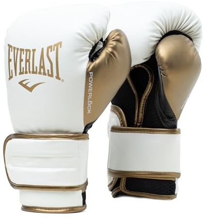 Everlast Powerlock2 Boxing Gloves White/Gold 14oz - Enhanced Performance and Style. Ideal Training Gloves for Boxing