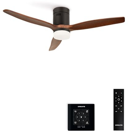 CREATE / WINDCALM M/Deckenventilator ABS mit Beleuchtung Schwarz Dunkelholzflügel-Optik mit Fernbedienung und Wandschalter / 40W, Leise, Ø132cm, Timer, DC-Motor, Sommer-Winterbetrieb