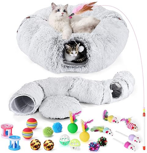 Odoland Katzentunnel große Katzenspielzeug mit Plüsch Katze Bett, Multifunktionales Faltbar Katzen Tunnel Katzenhöhle mit Spielball Interaktives Spielzeug für Indoor Kitten - grau