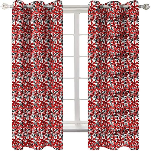 Homxi Küchengardinen Modern Blickdicht 2er Set,2 x 132W x 138H cm,Gardinen Schlafzimmer Blickdicht Rot Schwarz Weiß Blumen Druck Ösenvorhang Modern