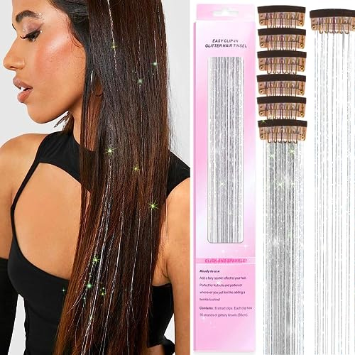 Clip in Hair Tinsel Kit, 6 Stück 20 Zoll hitzebeständige glitzernde Feenhaar-Lametta-Clip-in-Extensions, glänzend funkelnde Haar-Accessoires für Frauen, Mädchen, Kinder (Clip-Silbrig)