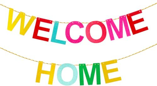 Amabro Welcome Banner, Sparkling Shiny Colorful Hanging Banner Sign for Home Decoration, Weddings, Christmas, Housewarmings, Family Theme Party Supplies