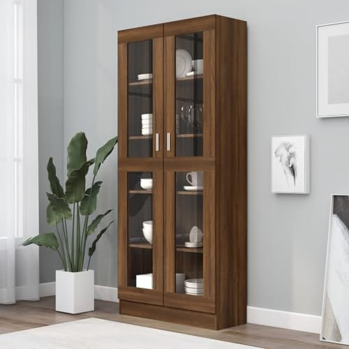 IKAYAA Vitrinenschrank Bücherschrank Mit Fächern und Glastüren Glasvitrine Stehend Standvitrine Vorratsschrank Küche Bücherschrank Mit Glastüren Braune Eiche 82.5 x 30.5 x 185.5 cm Holzwerkstoff