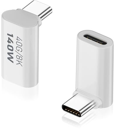 Duttek USB C à 90 degrés Adaptateur, USB C mâle vers Femelle PD 140W avec Affichage vidéo 8K@60Hz, Compatible avec Thunderbolt 4/3, MacBook Pro/Air(Lot de 2)