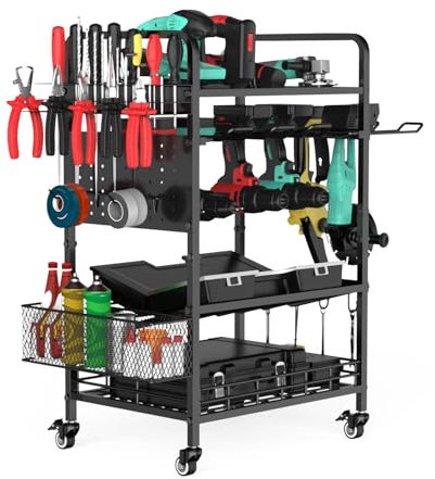 IMAYCC Carrello organizer per utensili elettrici con ruote, strumenti mobili per garage, ripiani per trapano, 4 strati, in metallo resistente, per garage, officina, sala attrezzi e lavoro all'aperto