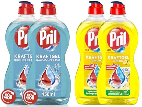 PRIL Kraftgel-Set 2x Zitrone & 2x Hygienische Frische, Handgeschirrspülmittel-Set mit höchster Fettlösekraft, für sauberes Geschirr auch in kaltem Wasser, 4x 450ml