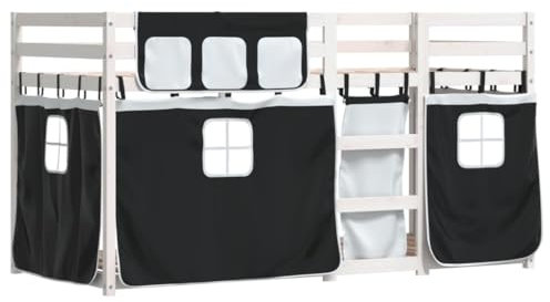 vidaXL Etagenbett, Kinderbett mit Vorhängen Leiter, Hochbett Spielbett für Kinder ab 6 Jahren, Doppel Stockbett Bett, Weiß Schwarz 90x200cm Massivholz Kiefer