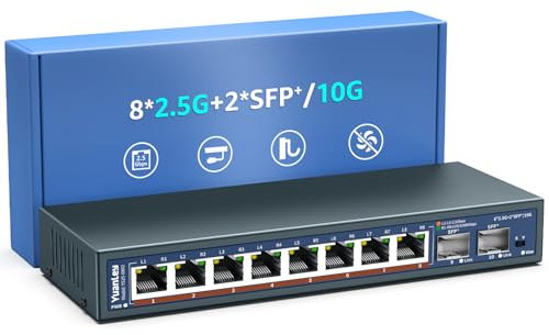 YuanLey Switch Ethernet Non Gestito a 10 Porte 2,5G, 8 Porte 2,5G Base-T, 2 x 10G SFP, Compatibile con 100/1000/2500Mbps, Montaggio su Scrivania/Parete, Switch di Rete 2,5Gbe per AP Wireless, Nas, PC