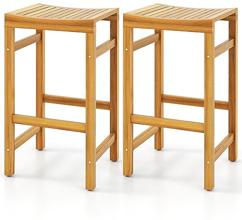 TANGZON Bar Stools Set of 2, Acacia Wood Tall Outdoor Bar Chairs | 76 cm Wooden Bar Stools, Slatted Saddle Seat, Footrests, Adjustable Foot Pads, Patio Kitchen Pub and Garden Furniture