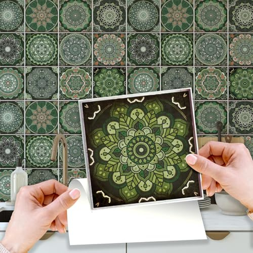 WALPLUS Green Tile Stickers for Kitchen 15x15cm(6) Self Adhesive Wall Tiles Removable Tile Transfers for Kitchen Sticky Back Green Stick on Tiles Kitchen Bathroom Tile Stickers 24 Pieces