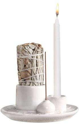 YOUSIS 4 in 1 Räucherstäbchenhalter, Palo Santo Halter, Salbeihalter zum Verbrennen, Räucherschale, Kerzenhalter für Meditation Yoga Raum (Weiße Glasur,Tropfen)