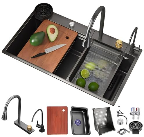 DSMRLEOP Nano lavello da cucina in acciaio inox, 80 x 50 cm, multifunzione a cascata, con rubinetto estraibile, ad alta pressione, tagliere, scolapiatti