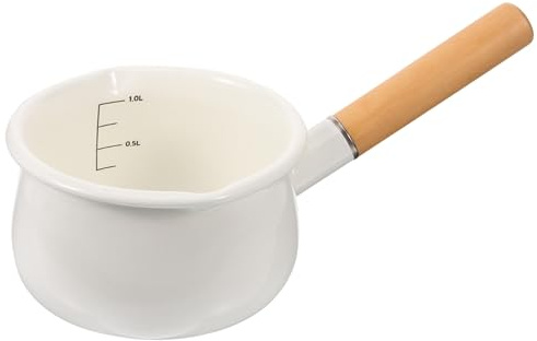 PHENOFICE Emaillierter Milchtopf 1000ml aus Emaille mit Hitzebeständigem Holzgriff für Babynahrung Kochen und Milchwärmer Weiß mit Antihaftbeschichtung