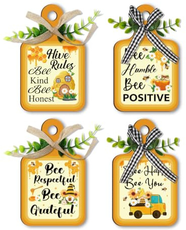PH PandaHall 4 Styles Bee Wooden Sign, Wall Decor Eat Wood Cutting Board Sign Yellow Hive Rules Farmhouse Tiered Tray with Hemp Rope Hanging Wall Decor for Home Kitchen Dining Living Room Bar