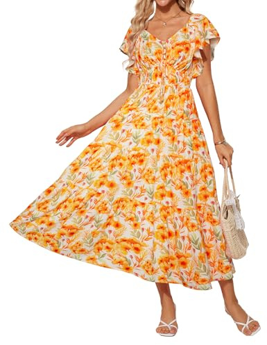 GRACE KARIN Vestido de verano para mujer, floral, cuello en V, manga con volantes, cintura imperio, acampanado, casual, con bolsillos