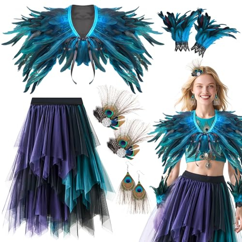 Jokureao 6 Stück Pfau Kostüm Damen Set, Pfau Karneval Kostüm Accessoires mit Umhang aus Pfauenfedern, Federschmuck, Pfauen Feder Set Damen für Fasching, Mottoparty