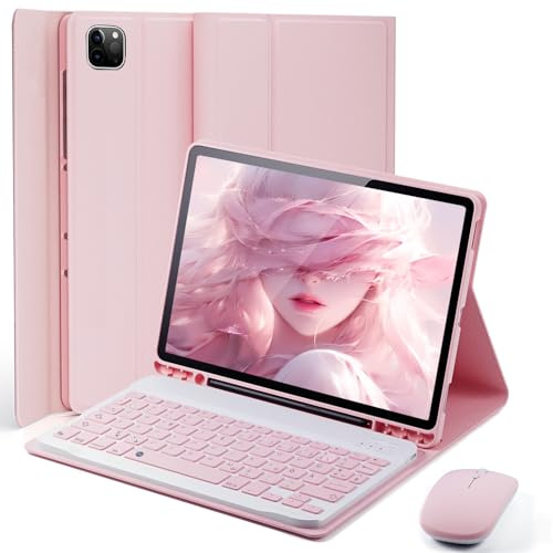 MicroTunk für iPad Pro 11 Zoll (4, 3, 2, 1 Generation-2022/2021/2020/2018) Hülle mit kabellose Bluetooth Deutsche Tastatur (QWERTZ) und Maus mit integriertem Stifthalter Keyboard case Rosa
