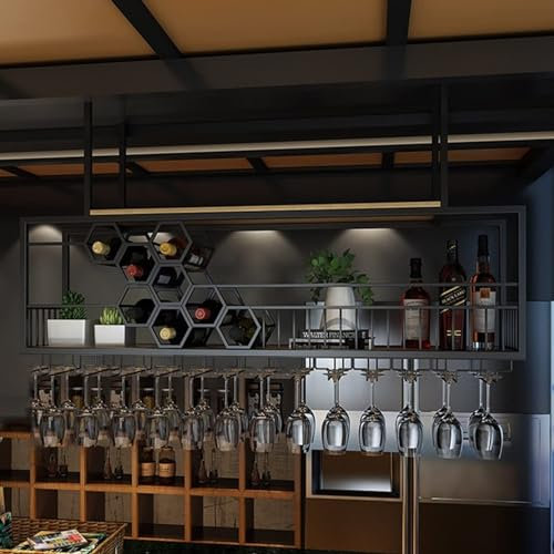 Estante flotante para copas de vino con soporte para botellas de vino boca abajo montado en la pared para bares, cocinas y fiestas, estante de almacenamiento decorativo en color negro