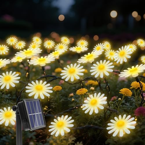CORST Guirnalda de luces solares de flores para exteriores, 40 luces LED para mamás, margaritas, energía solar, luz de valla de jardín, impermeable, 8 modos para primavera, verano, patio