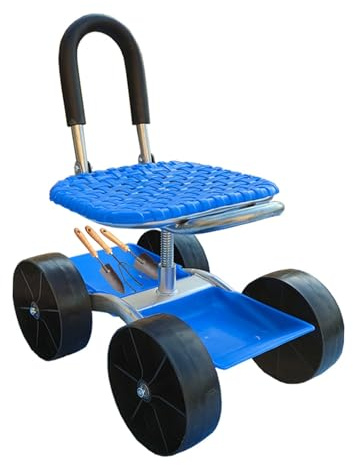 Rollbarer Gartenwagen mit 360° drehbarem Sitz & Aufbewahrungskorb, mobiler Gartenhocker mit Rollen, Gartenknieder & Helfer für einfache Terrassen-/Hofarbeit (4 Räder)