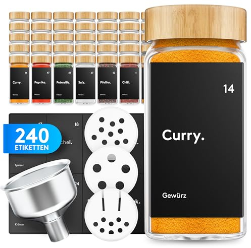 ZMILLA Lot de 24 pots à épices carrés en bambou avec bac à saupoudrer | Avec 240 étiquettes + stylo acrylique + entonnoir en aluminium | Rangement des épices