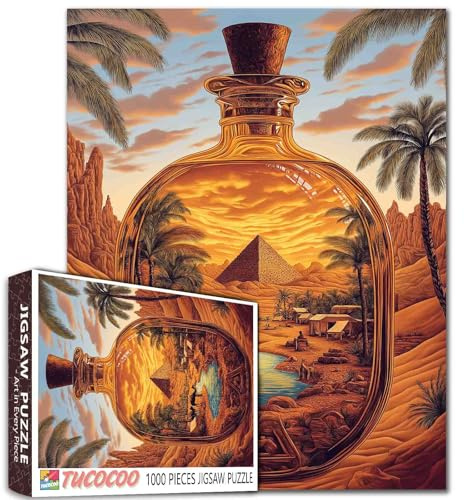 Casse-tête de bouteille de potion Oasis du désert de 1000 pièces, chameau, palmiers, bouchon pyramidal, pour adulte, puzzle stimulant 68,6 x 50,8 cm