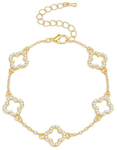 J.Fée Kleeblatt Armband Gold Damen Wasserfest Edelstahl Armband Damen Gold 17+5CM Kleeblatt Armbänder mit Cubic Zirkonia, Vierblättriges Schmuck Geschenke für Frauen Weihnachtsgeschenke