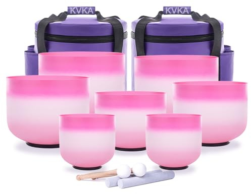 KVKA Lot de bols chantants en cristal - 432 Hz - Rose, blanc, rose - Pour le yoga, la guérison énergétique et la relaxation en profondeur - Avec sac de transport