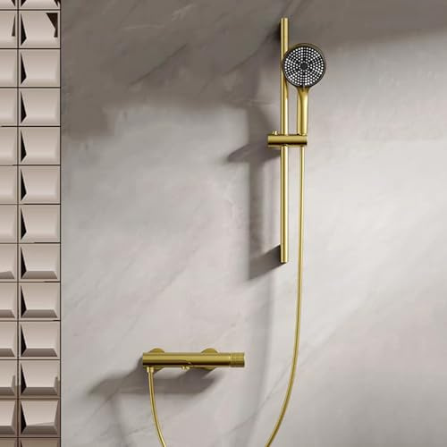 BiaoTeng Kit Barre de Douche avec Pommeau Ronde 3 Modes eau Chaude et Froide Laiton Ensemble Pommeau de Douche et Barre Or Brossé