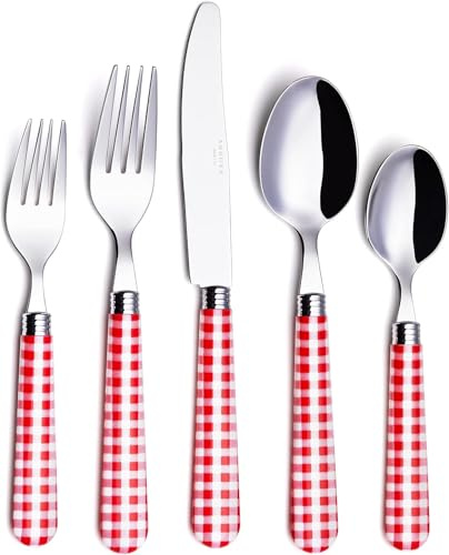 ANNOVA Ensemble de couverts en acier inoxydable colorés, comprenant des couteaux, fourchettes, cuillères, fourchettes à salade et cuillères à dessert (rouge/vichy à carreaux, 20 pièces)