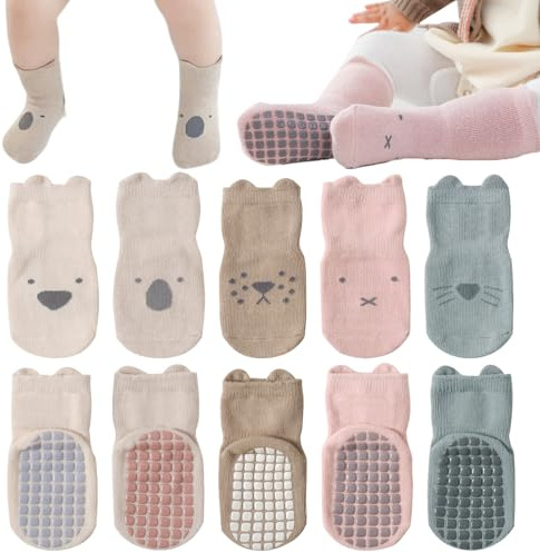 VEGCOO 5 Pares de Calcetines Antideslizantes para Bebé Niño Niña, Calcetines Antideslizantes de Algodón con Estampado de Animales de Dibujos Animados para Niño Niña 1-3 años