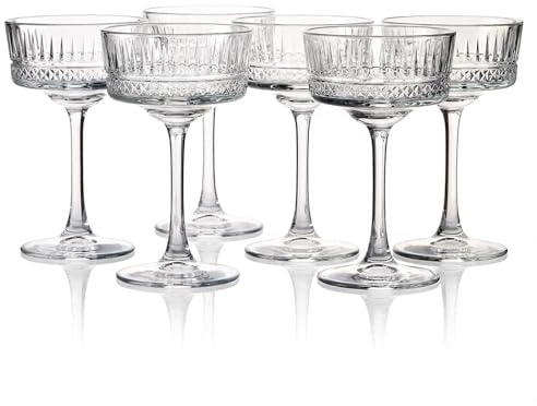 Der-Porzellan-Laden by Pasabahce Elysia Champagner Coupe Gläser 260ml, 6er Set, Champagnergläser aus Kristallglas, Facettenschliff, spülmaschinengeeignet