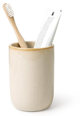 Bosilunlife Zahnputzbecher Beige Zahnbürstenhalter, Keramik Zahnbürstenhalter & Badezimmerbecher, einfacher Stil Zahnputz Tasse für Zahnbürste und Zahnpasta, Pinselhalter Ø 8,1x 11,2 cm