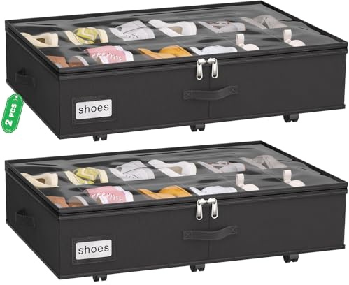 VERONLY Under Bed Shoe Storage Organiser with Wheels for Closet Fits 24 Pairs- Sturdy Underbed Shoe Storage Box Bins,Set of 2 (Black)